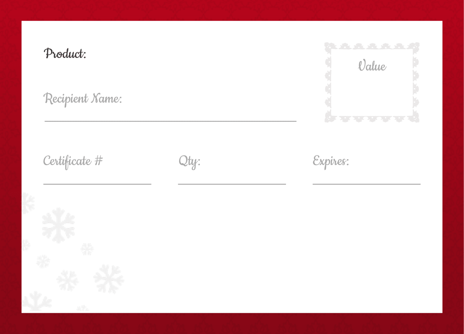 A decorative holiday-themed certificate with snowflake designs and space for text.